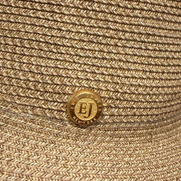 Eric Javits Wide Brim Straw Hat in Natural Tan with Gold Button